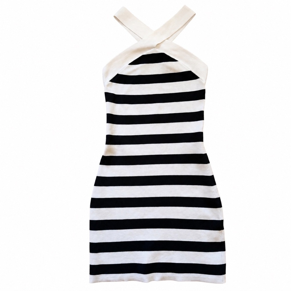 Aritzia Babaton Sculpt Knit Criss Cross Dress Navy White Striped Mini Halter S